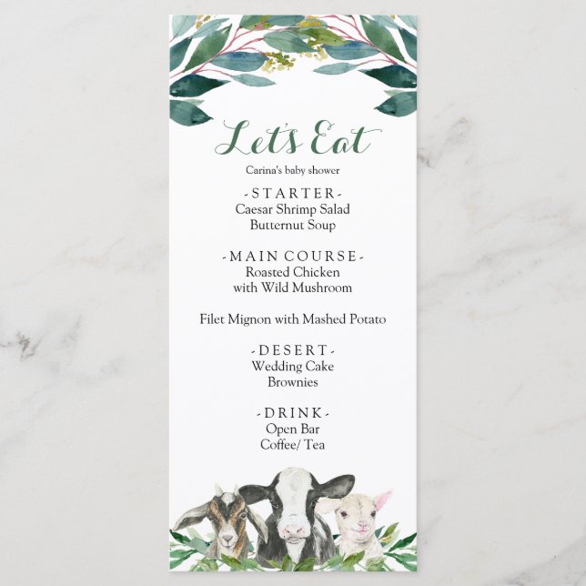 Farm Animal Greenery Boy Baby Shower Menü Menükarte (Vorderseite)
