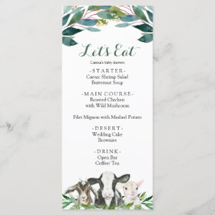 Farm Animal Greenery Boy Baby Shower Menü Menükarte
