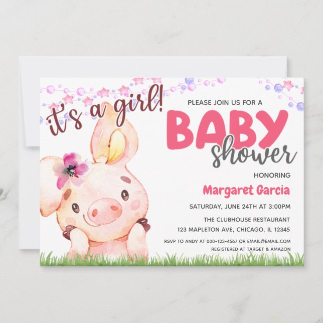 Farm Animal Piggy Baby Girl Pig Baby Dusche Einladung (Vorderseite)