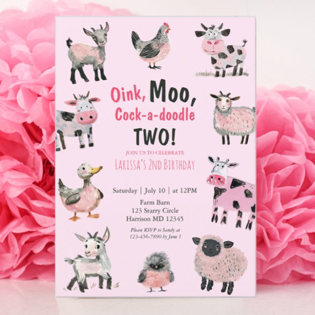 Farm Animal Pink Girls Zweiten Geburtstag Einladung (Von Creator hochgeladen)