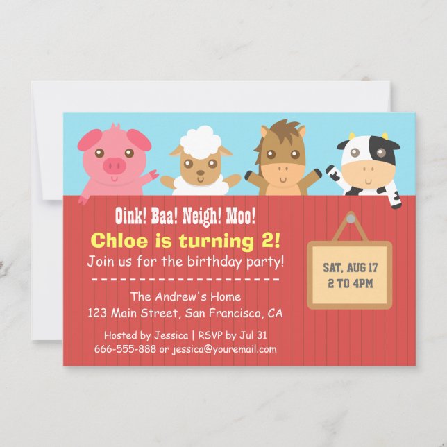 Farm Animal Red Fence Birthday Party Einladungen (Vorderseite)