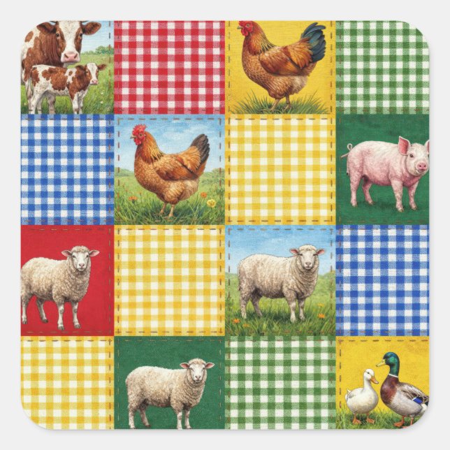 Farm Animals and Gingham Patchwork Quilt Quadratischer Aufkleber (Vorderseite)