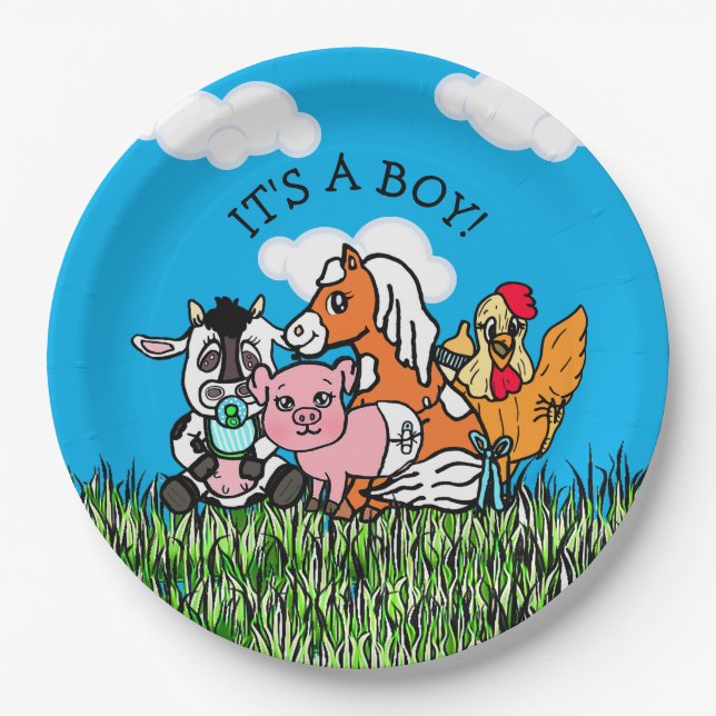 Farm Animals Baby-Dusche sein a Boy Pappteller (Vorderseite)