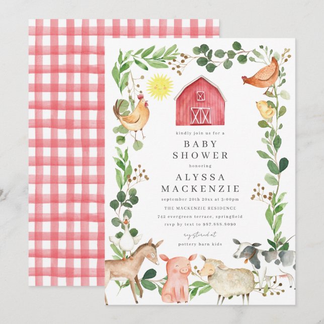 Farm Animals Baby Shower Invitation Einladung (Vorne/Hinten)