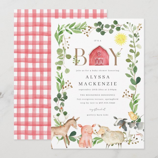 Farm Animals Baby Shower Invitation Einladung (Vorne/Hinten)