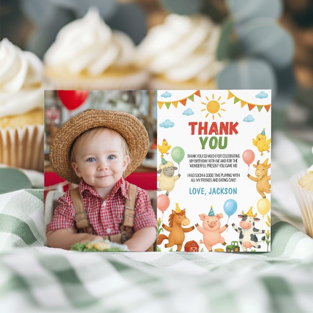 Farm Animals Barnyard Birthday Party Photo Dankeskarte (Von Creator hochgeladen)