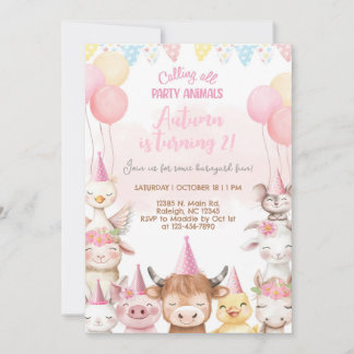 Farm animals close-up girl birthday invitation. einladung