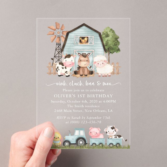 Farm Animals, Cute Animals, Barn, First Birthday Acryleinladungen (Insitu (Handheld))