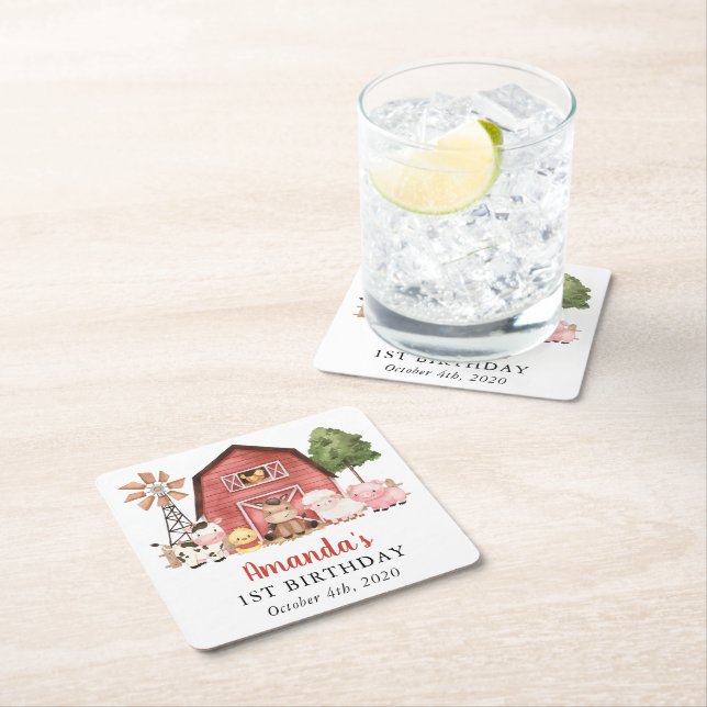 Farm Animals, Cute Animals, Barn, First Birthday Rechteckiger Pappuntersetzer (Vor Ort)