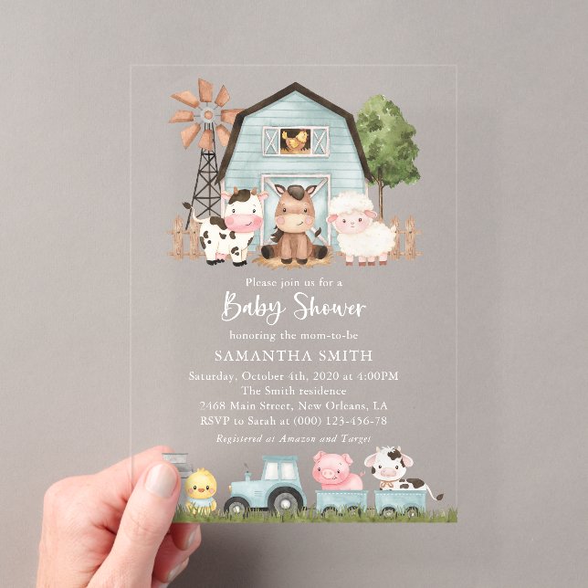 Farm Animals, Cute Animals, Blue Barn, Baby Shower Acryleinladungen (Insitu (Handheld))