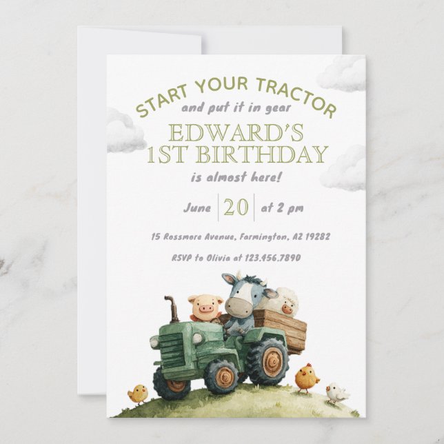 Farm Animals Green Tractor Birthday  Einladung (Vorderseite)