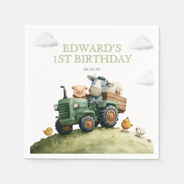 Farm Animals Green Tractor Birthday Serviette (Vorderseite)