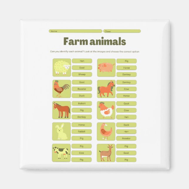 Farm Animals Identification Educational Worksheet Magnet (Vorne)