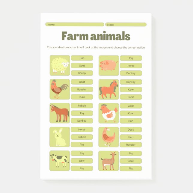 Farm Animals Identification Educational Worksheet Post-it Klebezettel (Vorderseite)