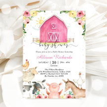 Farm Animals Pink Baby Shower Invitation