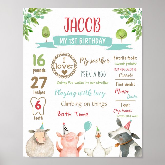 Farm Animals Safari First Birthday Boy Milestones Poster (Vorne)