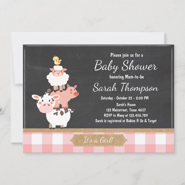 Farm Baby Dusche Einladung Country Baby Girl Pink (Vorderseite)
