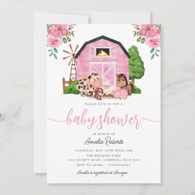 Farm Baby Dusche Einladung, Rosa Stall einladen Einladung (Vorderseite)
