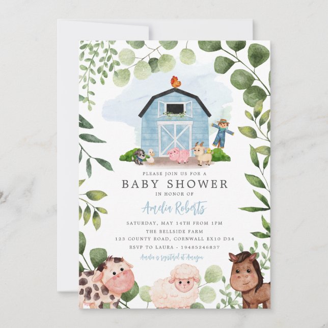 Farm Baby Showeinladung, Blue Barn Einladung (Vorderseite)