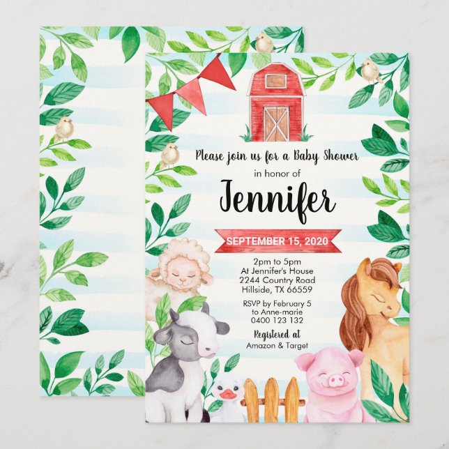 Farm Baby Shower Invitation Farm Animals Dusche Einladung (Vorne/Hinten)