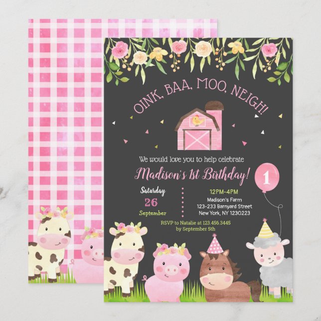 Farm Barnyard 1. Geburtstag Party Einladung Girl (Vorne/Hinten)