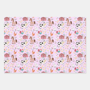 Farm barnyard animals gingham pink geschenkpapier set