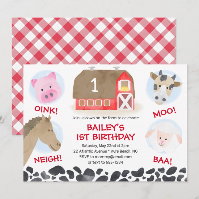 Farm Barnyard Animals Red Gingham Boy Birthday Einladung (Vorne/Hinten)