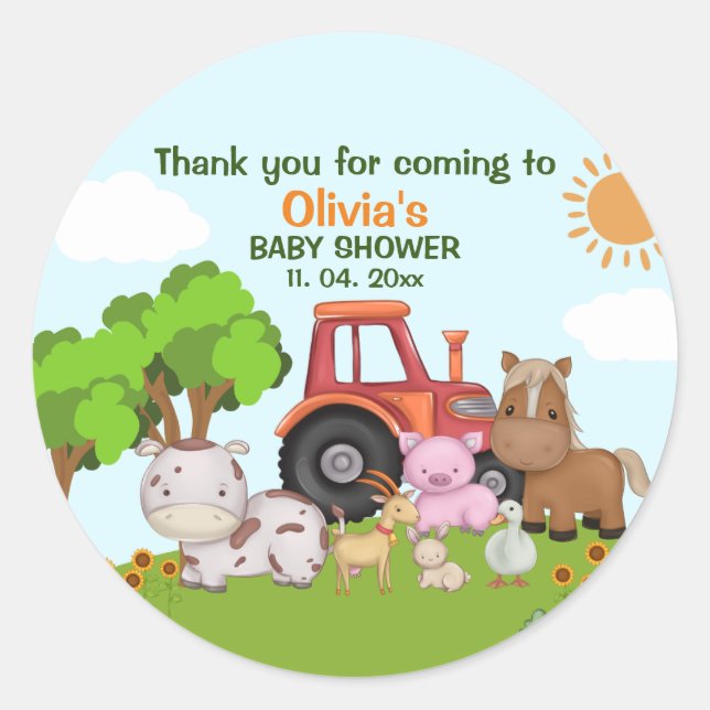 Farm Barnyard Baby Shower Runder Aufkleber (Vorderseite)