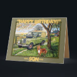 "FARM~Birthday Card for Son" Karte<br><div class="desc">"FARM" Geburtstagskarte: Wortlaut innerhalb von~ ... SON... "Alles Gute zum Geburtstag!"
Old Style~Land Rover and Dog.
Design von GJLC JackCrisp.co.uk</div>
