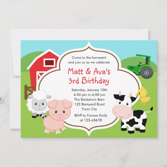 Farm Birthday Invasion - Boy Girl Twins Barnyard Einladung (Vorderseite)