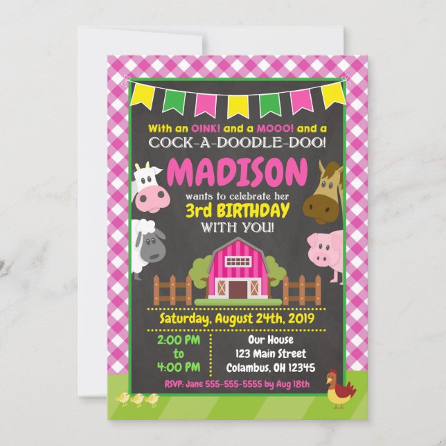 Farm Birthday Invasion / Girl Barnyard Party Einladung (Vorderseite)