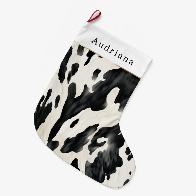 Farm Black Cream Cow Print Christmas Großer Weihnachtsstrumpf (Vorderansicht (hängend))