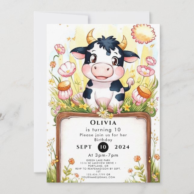 Farm Boho Kuh Geburtstag Einladung (Vorderseite)