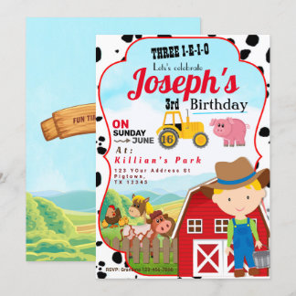 FARM BOY 3rd BIRTHDAY INVITATION THREE-I-I-I-O