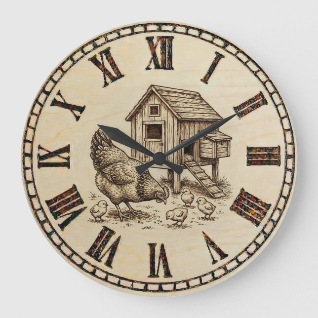 Farm Chicken Wall Clock – Wood-Burned style  Große Wanduhr (Vorderseite)