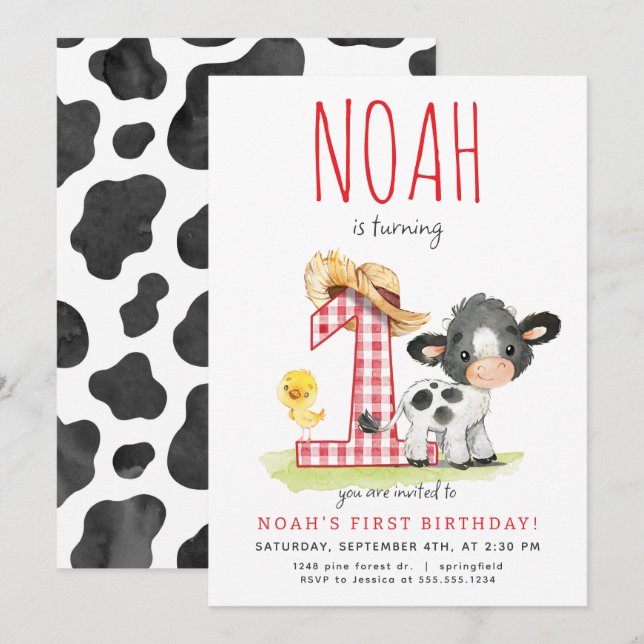 Farm Cow erste Einladung zum Geburtstag (Vorne/Hinten)