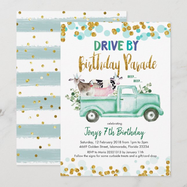 Farm Drive by Boy Birthday Parade Einladung (Vorne/Hinten)