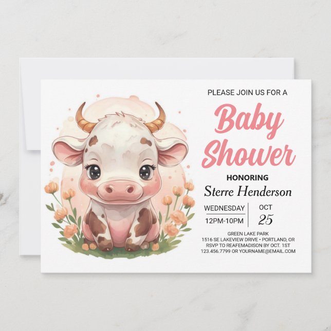 Farm druckbare rosa Kuh Babydusche Einladung (Vorderseite)