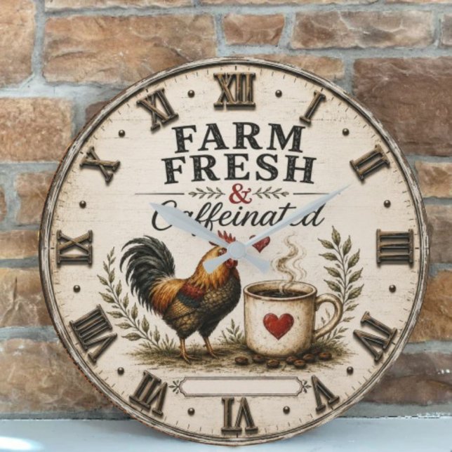 Farm Fresh & Caffeinated Rustic Rooster Coffee Große Wanduhr (Von Creator hochgeladen)
