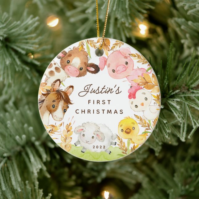 Farm Friends Baby's First Christmas Keramik Ornament (Baum)