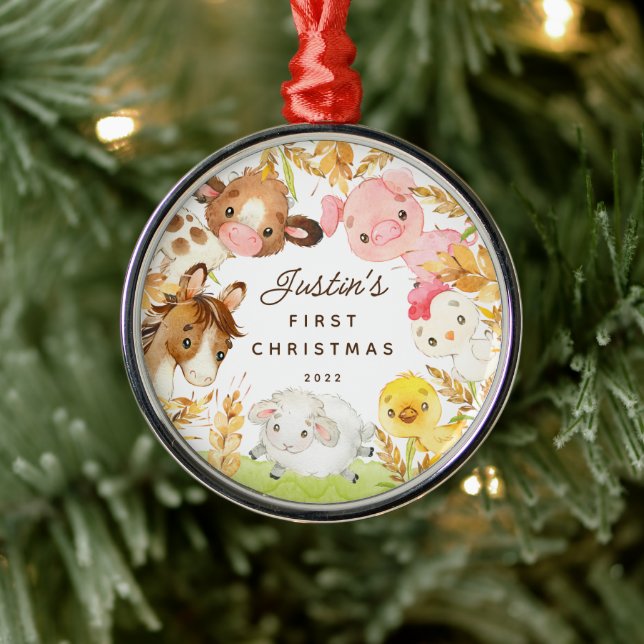 Farm Friends Baby's First Christmas Ornament Aus Metall (Baum)