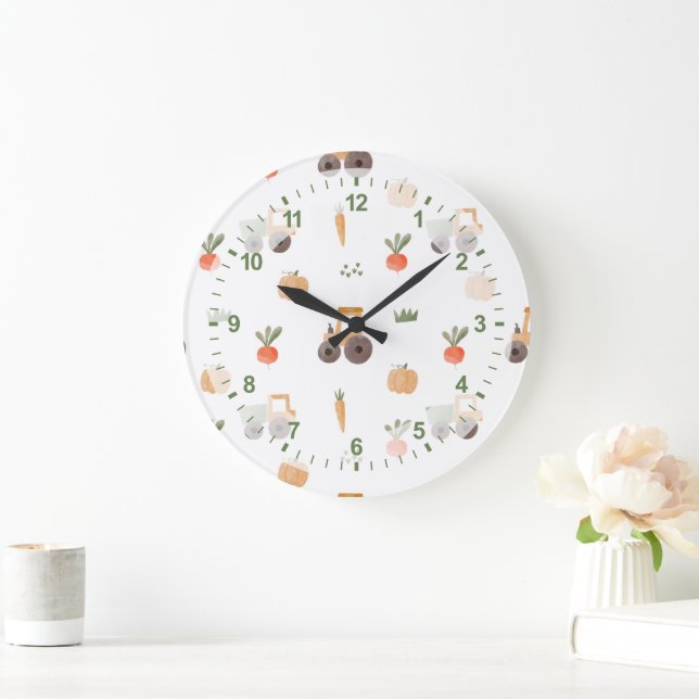 Farm Garden Wasserfarbe Muster Große Wanduhr (Zuhause)