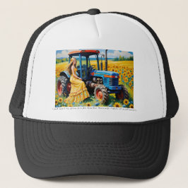 Farm Girl mit einem blauen Traktor in Sonnenblumen Truckerkappe