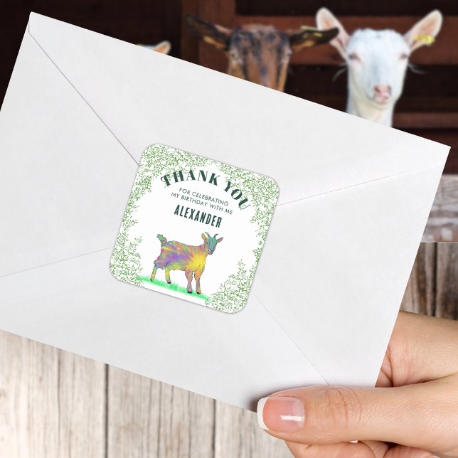Farm Goat Birthday Party Danke Quadratischer Aufkleber (Cute goat colorful farm animal art personalized birthday party thank you sticker)