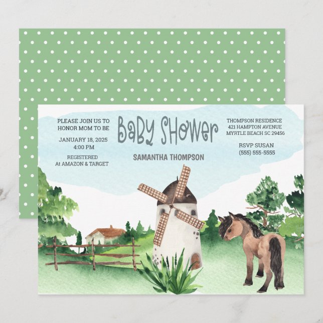 Farm Horse Windmill Animal Boys Baby Dusche Einladung (Vorne/Hinten)
