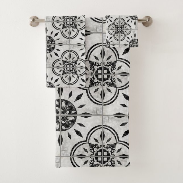 Farm House Damask ConcreteTile Pattern Leaf Scroll Badhandtuch Set (Insitu)