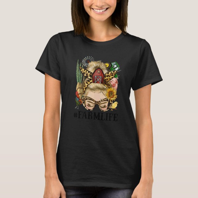 Farm Life Blonde Messy Bun Mom Sunflower Farm Anim T-Shirt (Vorderseite)