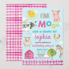 Farm Old MacDonald Barnyard Pink Animals Party Einladung
