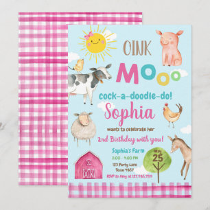 Farm Old MacDonald Barnyard Pink Animals Party Einladung