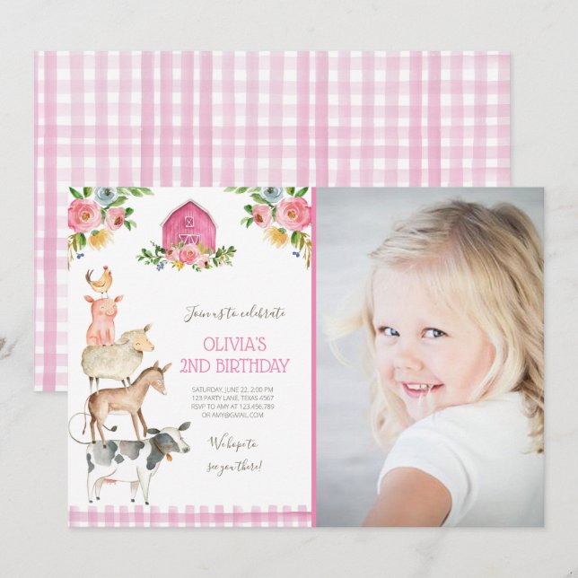 Farm Old MacDonald Barnyard Pink Animals Party Einladung (Vorne/Hinten)